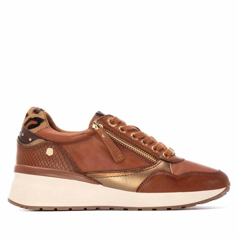 NEW CARMELA women's leather wedge lace-up sneakers in camel